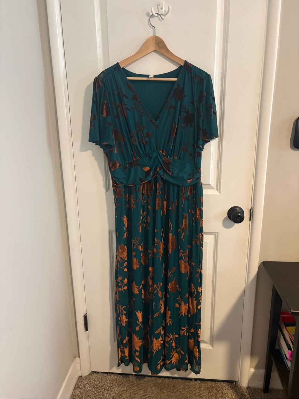 Teal Floral Maxi Dress with Rust Accents